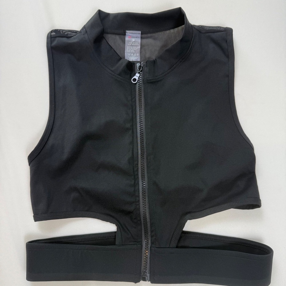 LA Society Black Zip Front Cutout Crop Top Mock Neck Athletic Vest Medium